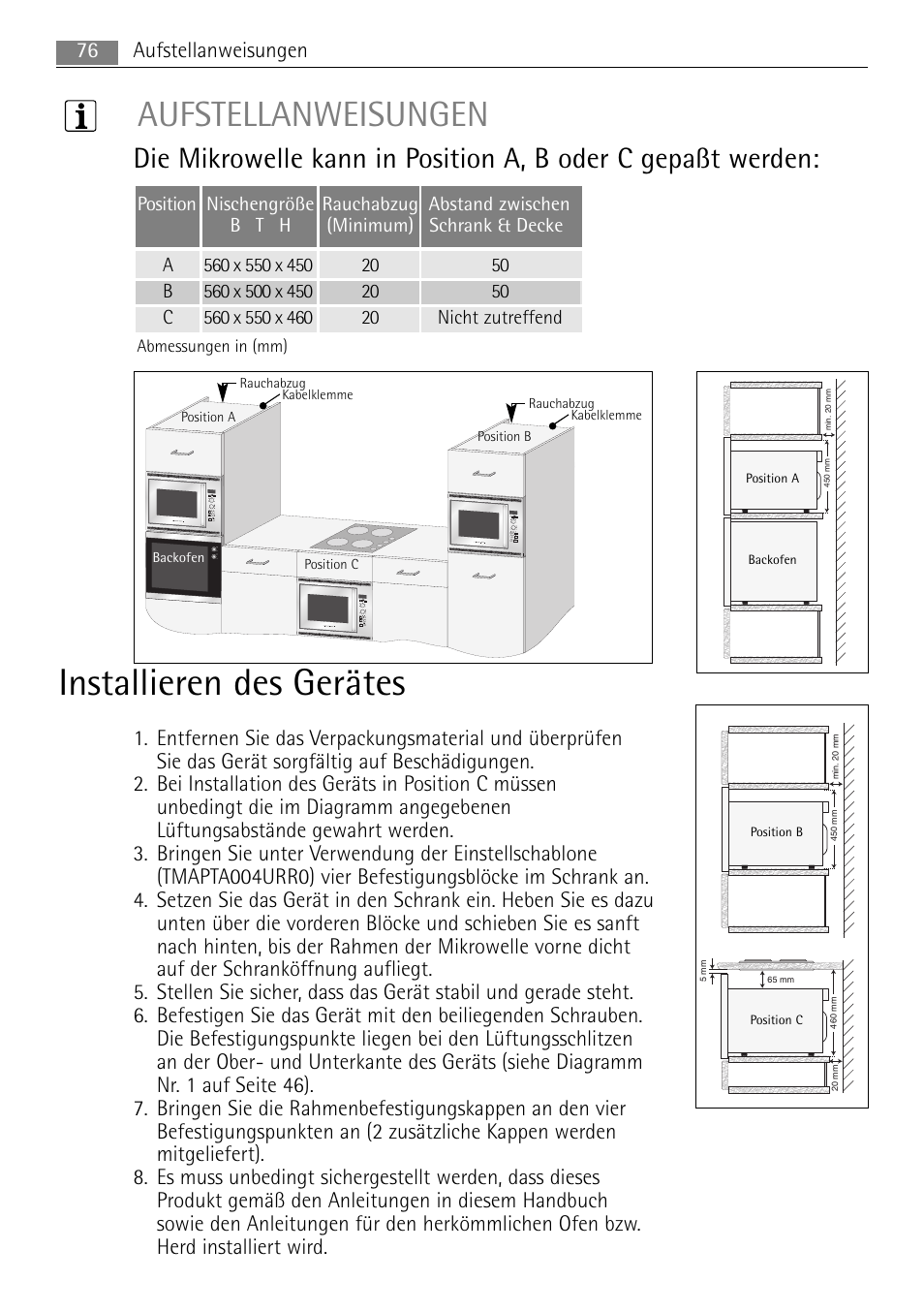 Installieren des gerätes, Aufstellanweisungen, 76 aufstellanweisungen | AEG MC2665E-M User Manual | Page 76 / 172
