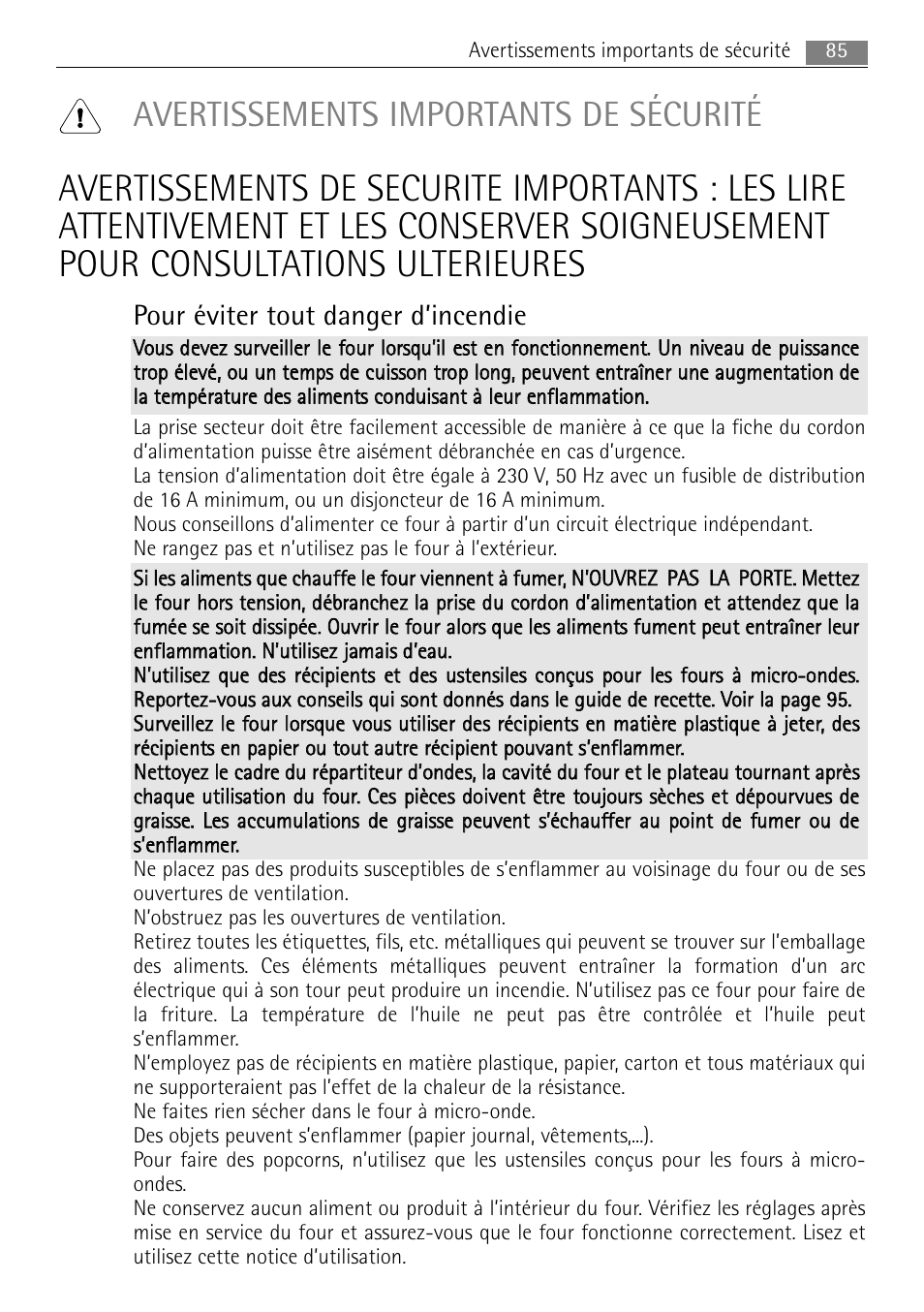 Avertissements importants de sécurité, Pour éviter tout danger d’incendie | AEG MC2665E-M User Manual | Page 85 / 172