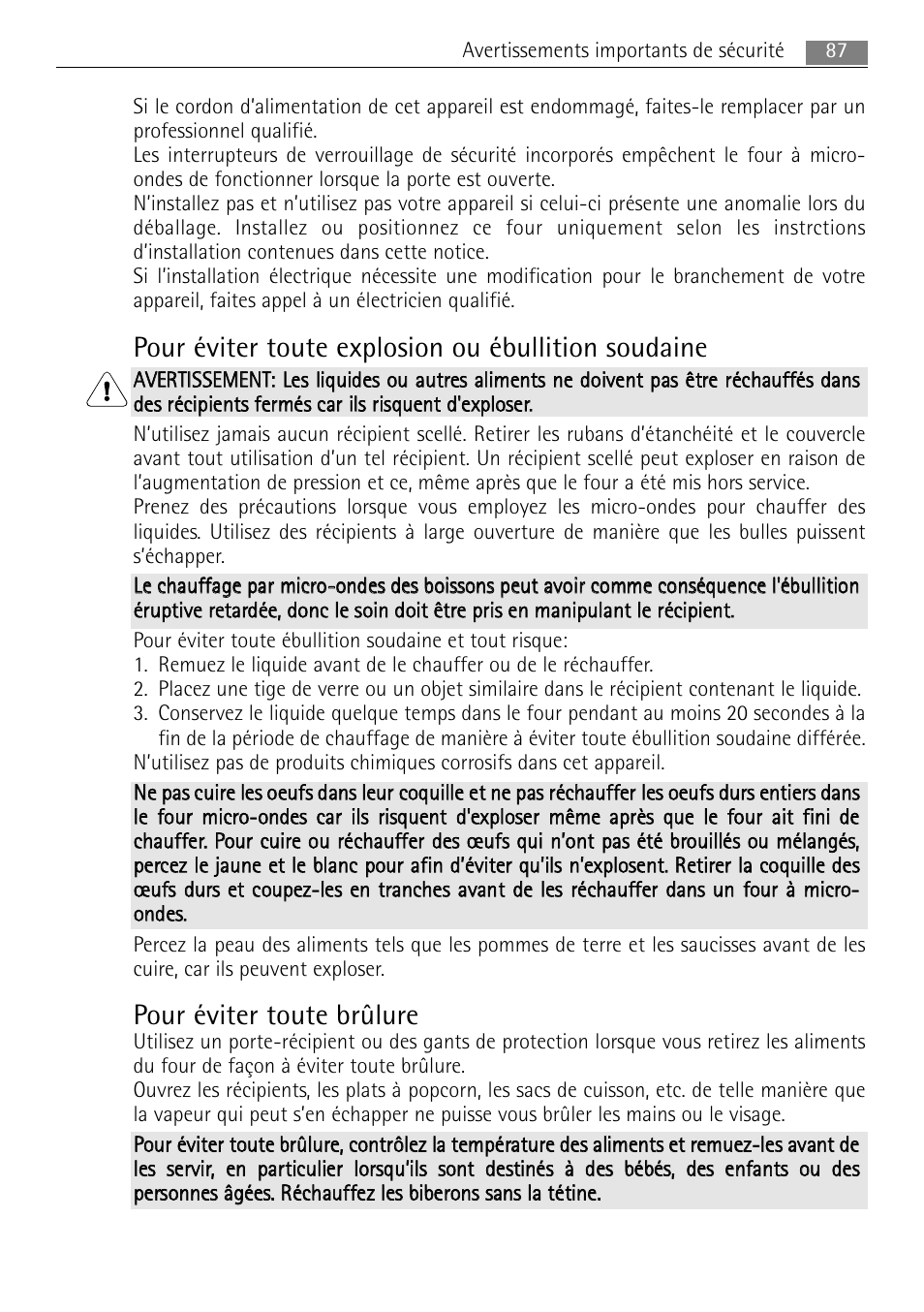 Pour éviter toute explosion ou ébullition soudaine, Pour éviter toute brûlure | AEG MC2665E-M User Manual | Page 87 / 172