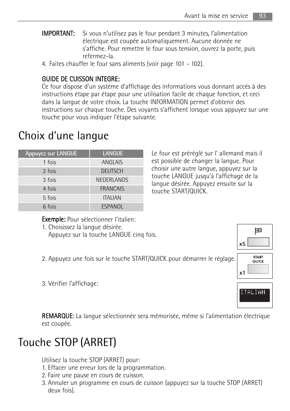 Choix d’une langue, Touche stop (arret) | AEG MC2665E-M User Manual | Page 93 / 172