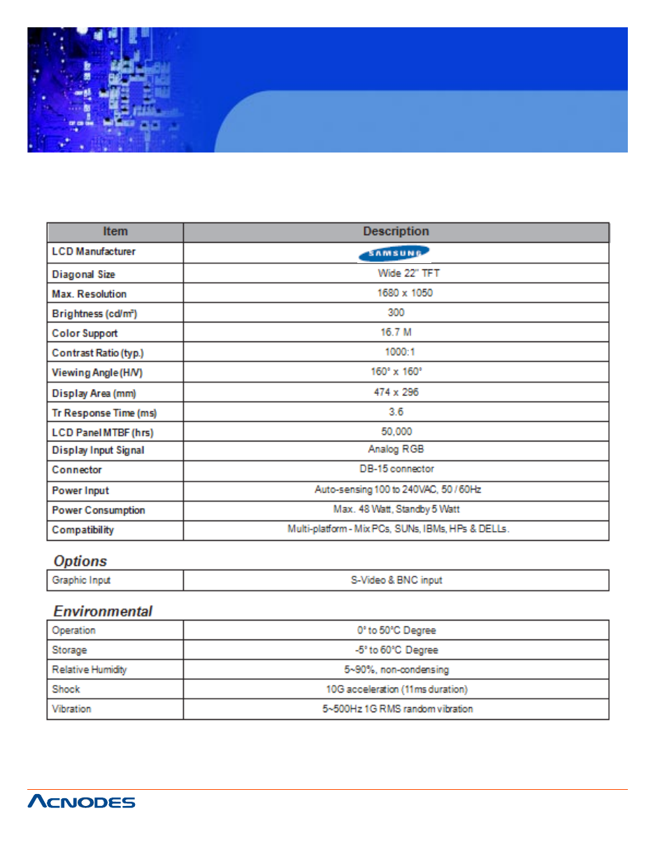 Apw 5220, Chapter 4 operation, 1 lcd specifications | Acnodes 22" WIDE INDUSTRIAL LCD MONITOR APW 5220 User Manual | Page 12 / 26