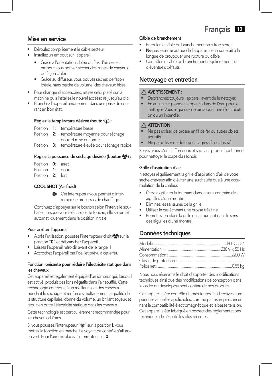 Français, Mise en service, Nettoyage et entretien | Données techniques | AEG HTD 5584 User Manual | Page 13 / 48