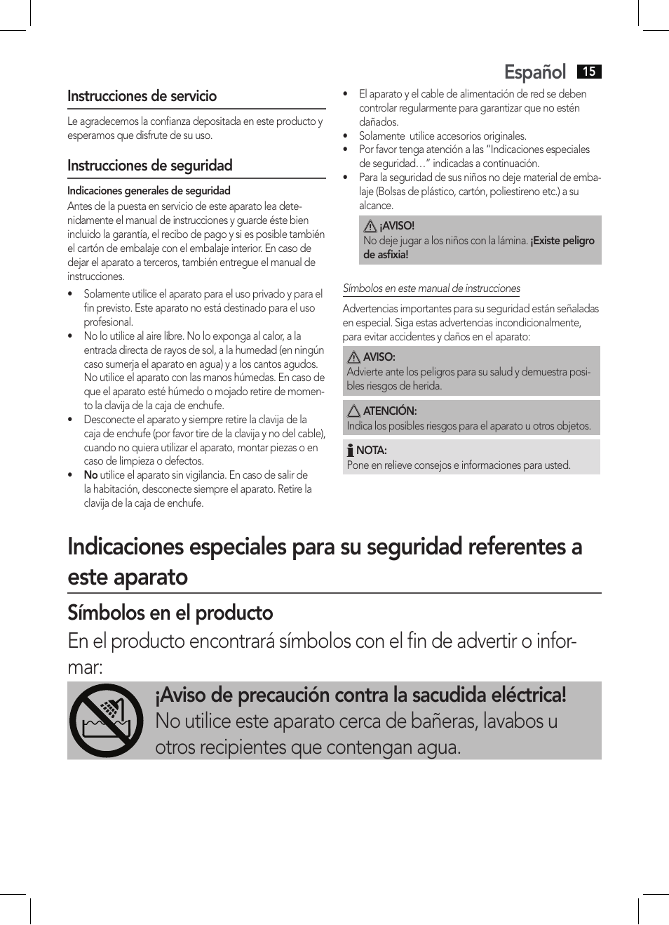 Español, Instrucciones de servicio, Instrucciones de seguridad | AEG HTD 5584 User Manual | Page 15 / 48