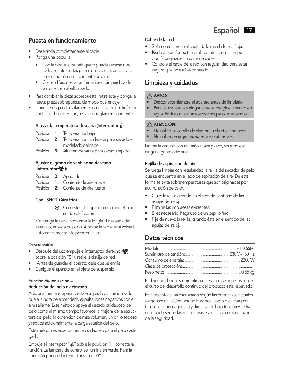 Español, Puesta en funcionamiento, Limpieza y cuidados | Datos técnicos | AEG HTD 5584 User Manual | Page 17 / 48