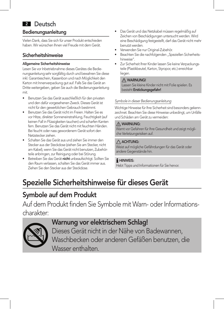 Spezielle sicherheitshinweise für dieses gerät, Deutsch, Bedienungsanleitung | Sicherheitshinweise | AEG HTD 5584 User Manual | Page 2 / 48