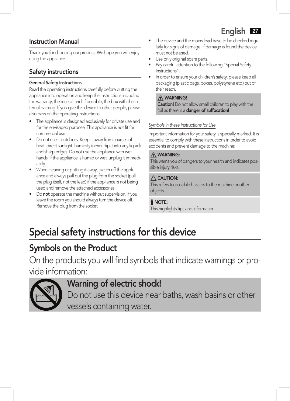 Special safety instructions for this device, English, Instruction manual | Safety instructions | AEG HTD 5584 User Manual | Page 27 / 48