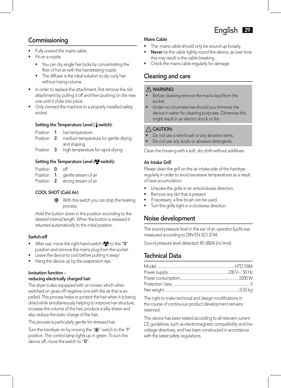 English, Commissioning, Cleaning and care | Noise development, Technical data | AEG HTD 5584 User Manual | Page 29 / 48