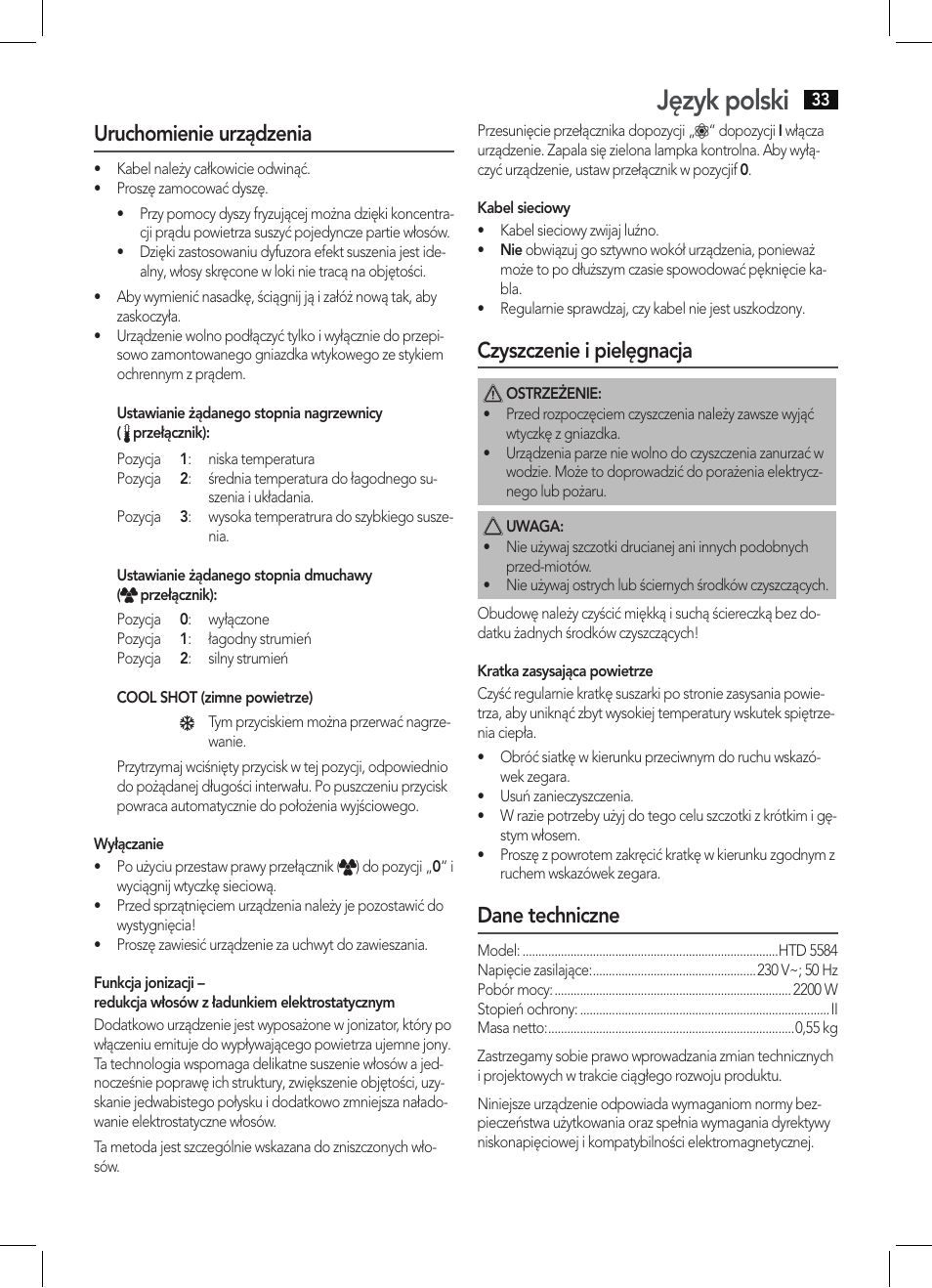 Język polski, Uruchomienie urządzenia, Czyszczenie i pielęgnacja | Dane techniczne | AEG HTD 5584 User Manual | Page 33 / 48