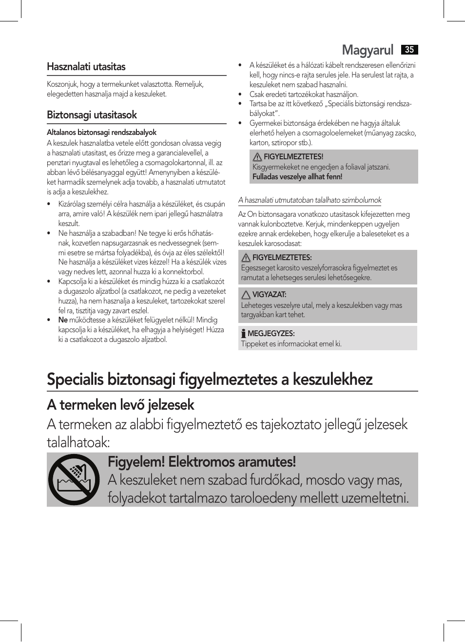 Specialis biztonsagi figyelmeztetes a keszulekhez, Magyarul, Hasznalati utasitas | Biztonsagi utasitasok | AEG HTD 5584 User Manual | Page 35 / 48