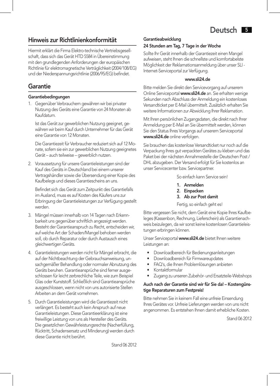 Deutsch, Hinweis zur richtlinienkonformität, Garantie | AEG HTD 5584 User Manual | Page 5 / 48