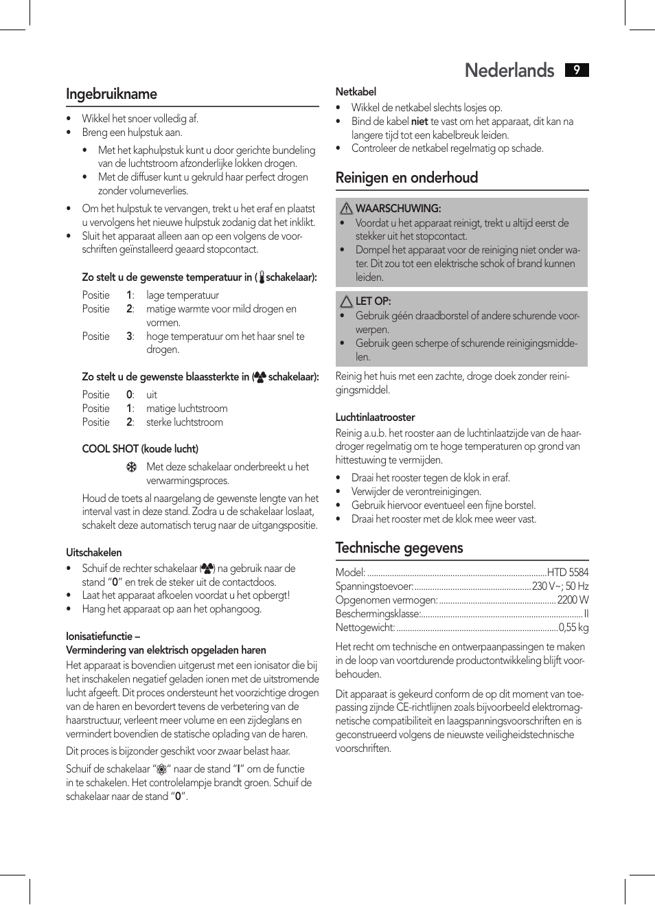 Nederlands, Ingebruikname, Reinigen en onderhoud | Technische gegevens | AEG HTD 5584 User Manual | Page 9 / 48