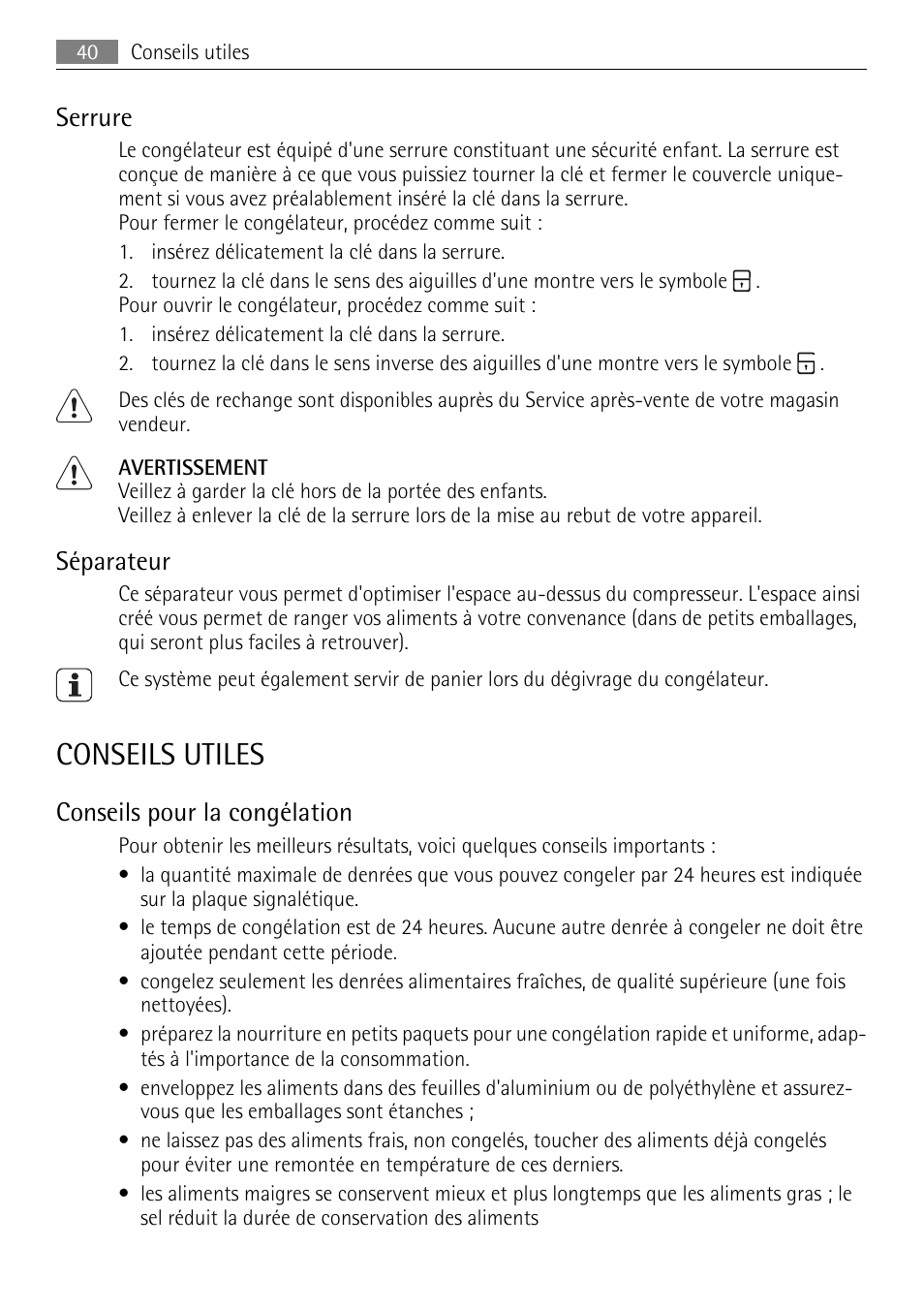 Conseils utiles, Serrure, Séparateur | Conseils pour la congélation | AEG A61900HLW0 User Manual | Page 40 / 64