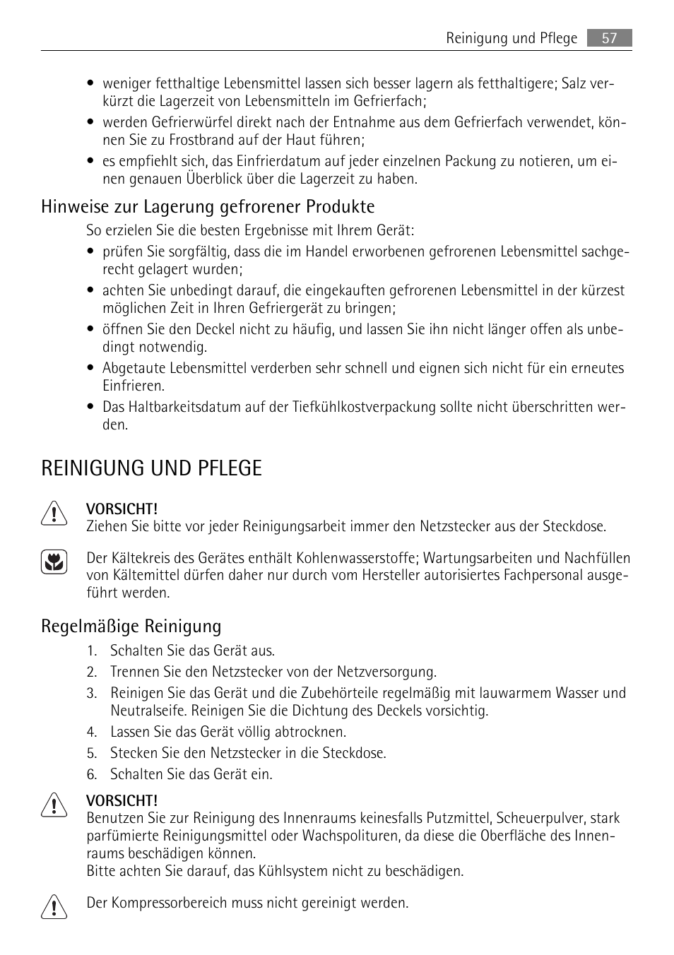 Reinigung und pflege, Hinweise zur lagerung gefrorener produkte, Regelmäßige reinigung | AEG A61900HLW0 User Manual | Page 57 / 64