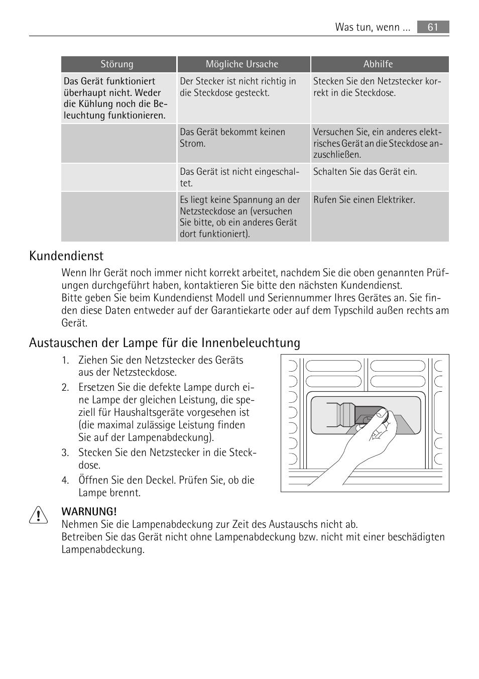 Kundendienst, Austauschen der lampe für die innenbeleuchtung | AEG A61900HLW0 User Manual | Page 61 / 64