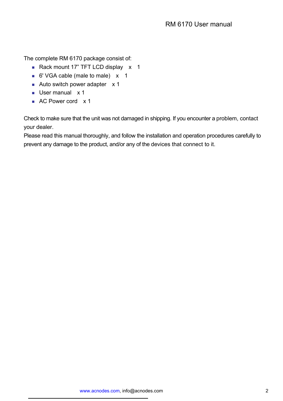 Packing list, Rm 6170 user manual | Acnodes RM-6170 User Manual | Page 2 / 15