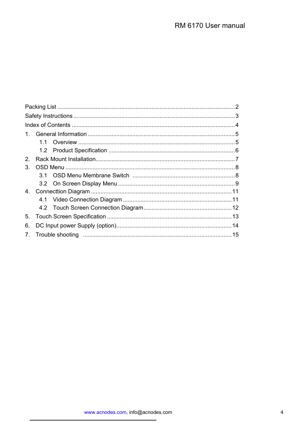 Index of contents | Acnodes RM-6170 User Manual | Page 4 / 15