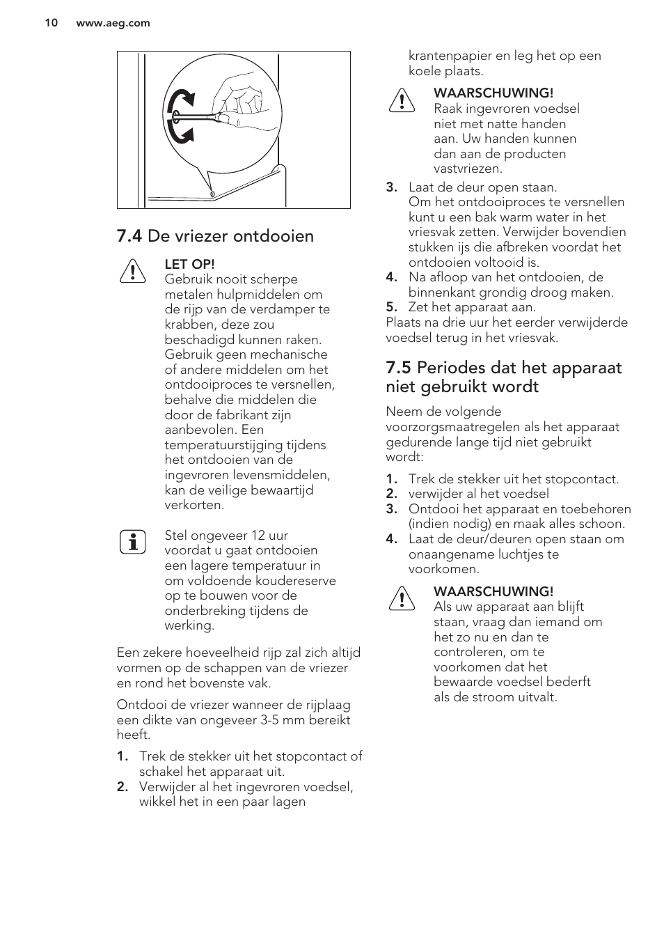 4 de vriezer ontdooien, 5 periodes dat het apparaat niet gebruikt wordt | AEG S41600TSW2 User Manual | Page 10 / 68