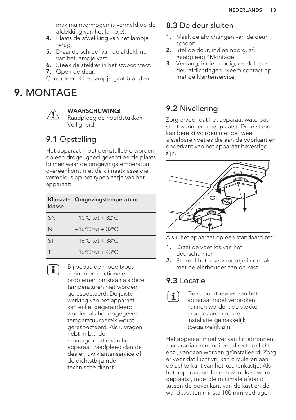 3 de deur sluiten, Montage, 1 opstelling | 2 nivellering, 3 locatie | AEG S41600TSW2 User Manual | Page 13 / 68