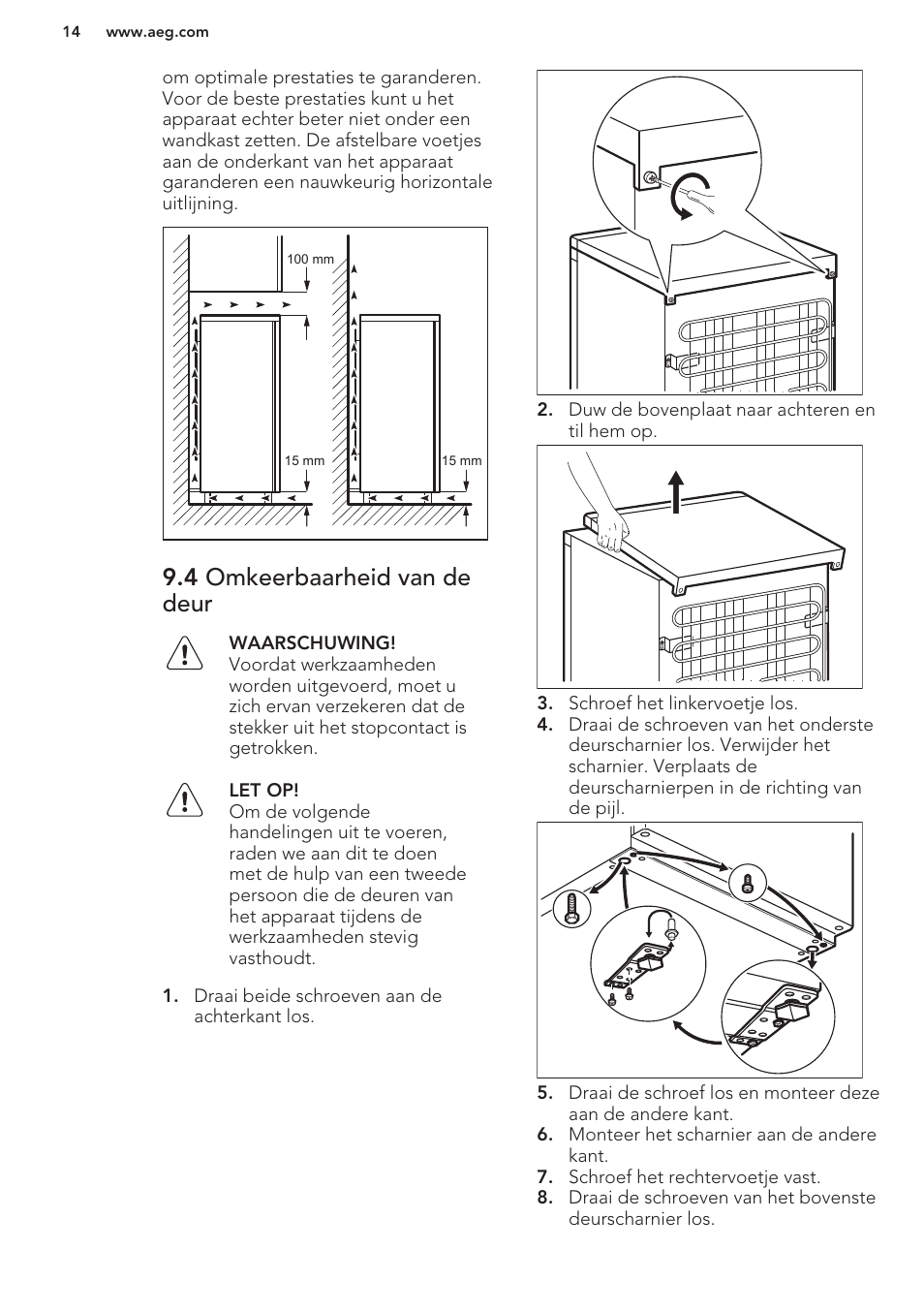 4 omkeerbaarheid van de deur | AEG S41600TSW2 User Manual | Page 14 / 68