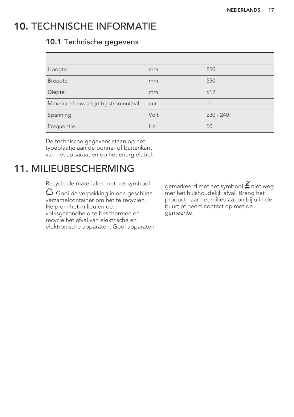 Technische informatie, 1 technische gegevens, Milieubescherming | AEG S41600TSW2 User Manual | Page 17 / 68