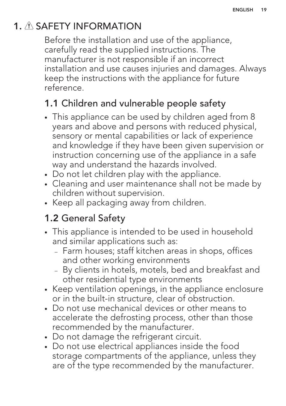 Safety information, 1 children and vulnerable people safety, 2 general safety | AEG S41600TSW2 User Manual | Page 19 / 68