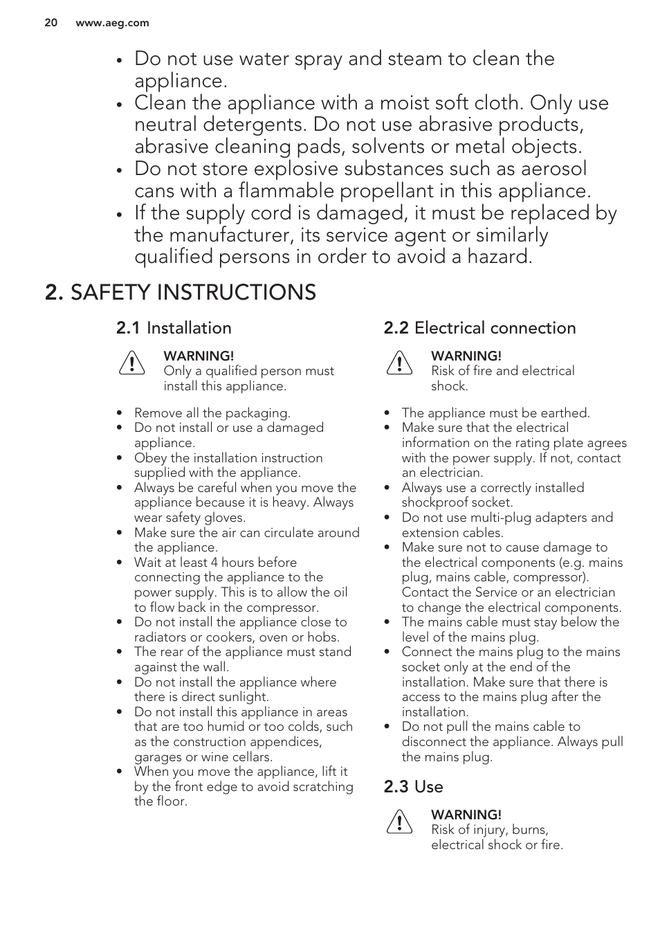 Safety instructions, 1 installation, 2 electrical connection | 3 use | AEG S41600TSW2 User Manual | Page 20 / 68