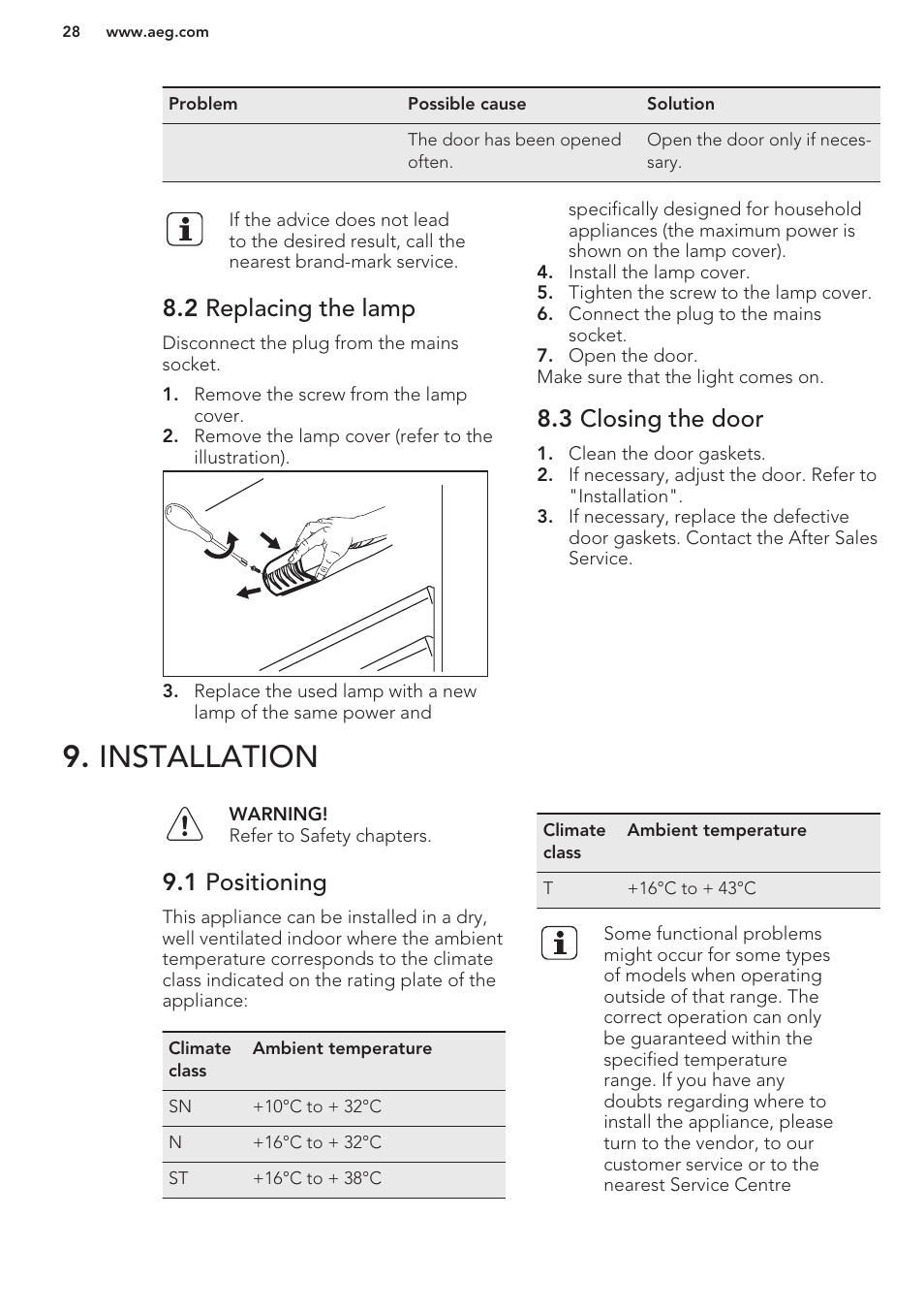 2 replacing the lamp, 3 closing the door, Installation | 1 positioning | AEG S41600TSW2 User Manual | Page 28 / 68