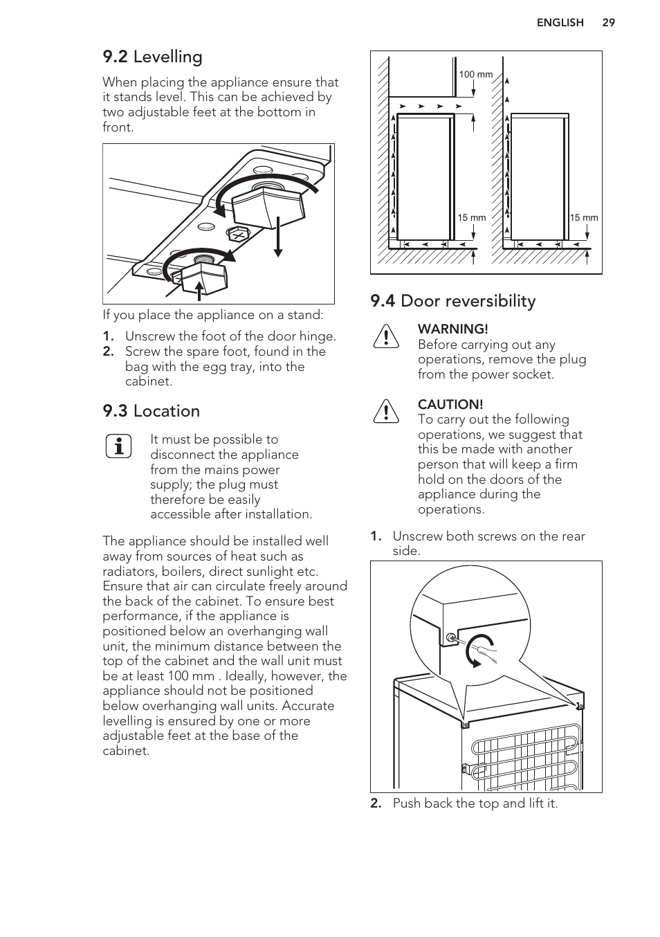 2 levelling, 3 location, 4 door reversibility | AEG S41600TSW2 User Manual | Page 29 / 68