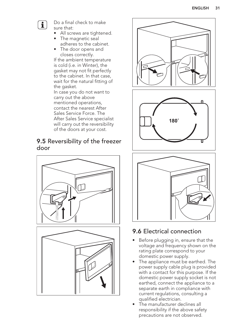 5 reversibility of the freezer door, 6 electrical connection | AEG S41600TSW2 User Manual | Page 31 / 68