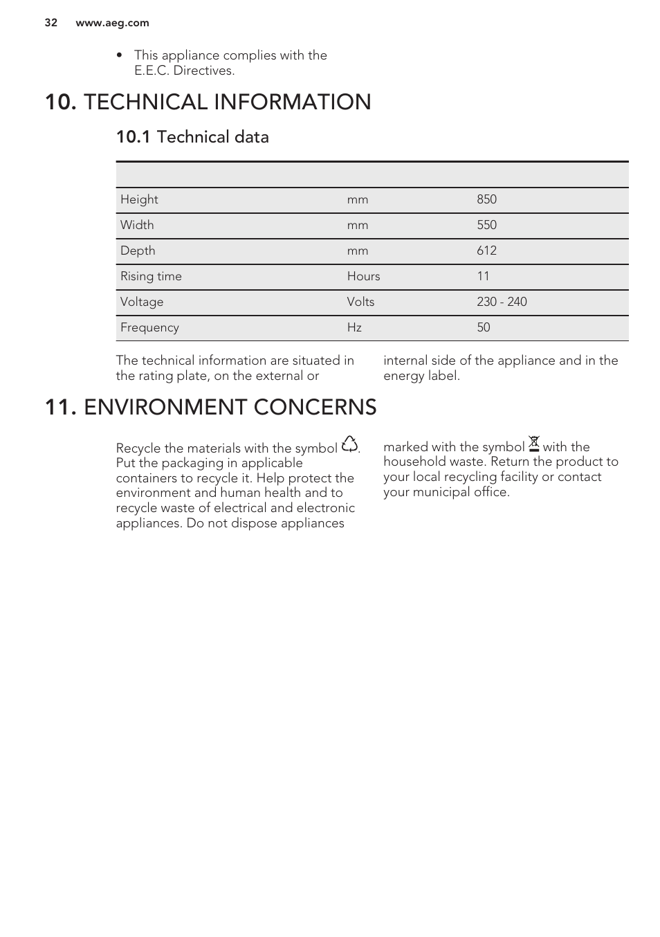 Technical information, 1 technical data, Environment concerns | AEG S41600TSW2 User Manual | Page 32 / 68