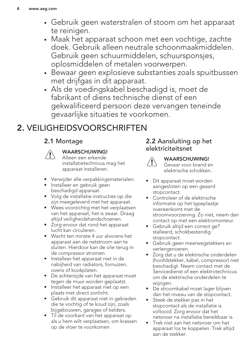 Veiligheidsvoorschriften, 1 montage, 2 aansluiting op het elektriciteitsnet | AEG S41600TSW2 User Manual | Page 4 / 68