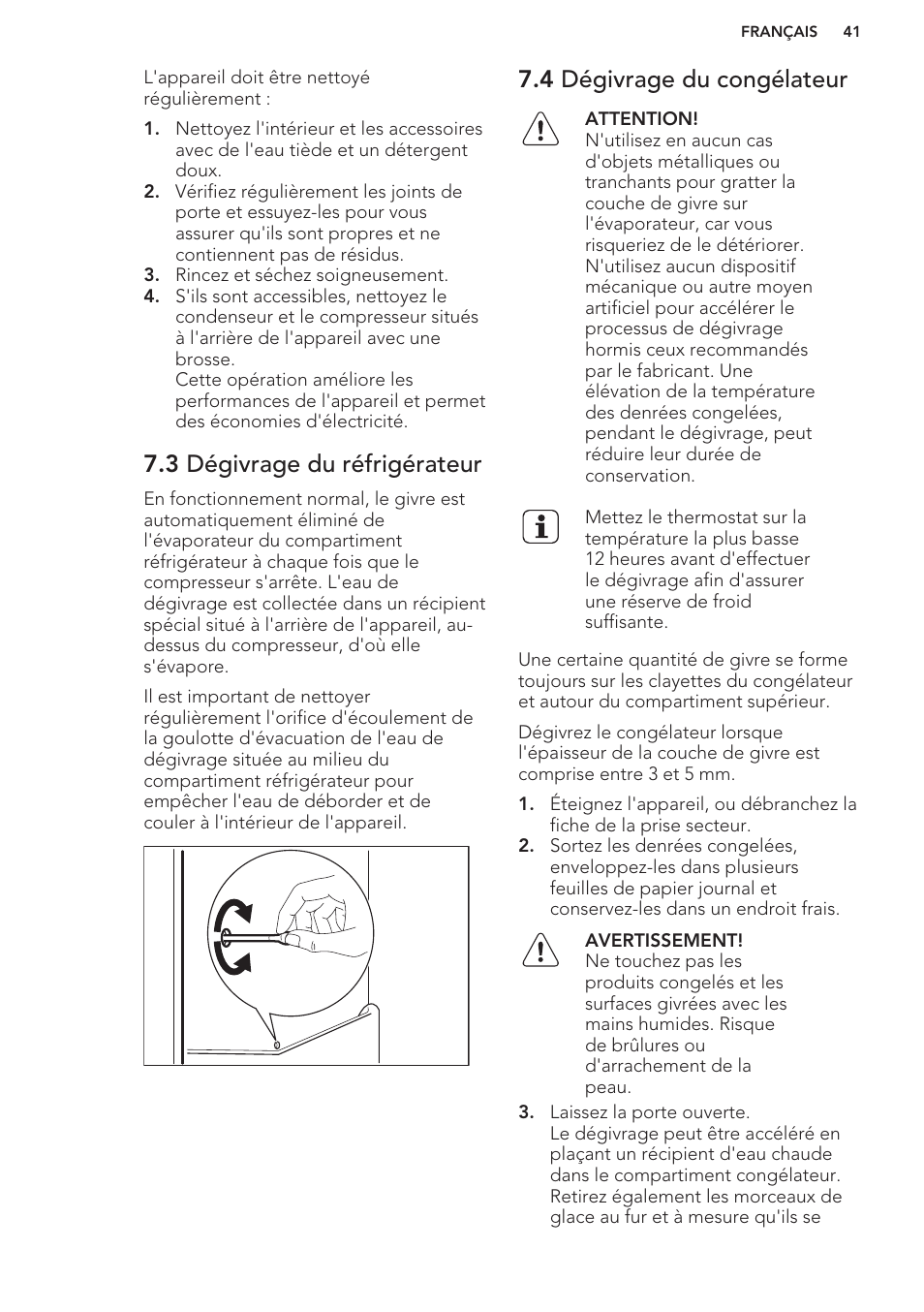 3 dégivrage du réfrigérateur, 4 dégivrage du congélateur | AEG S41600TSW2 User Manual | Page 41 / 68