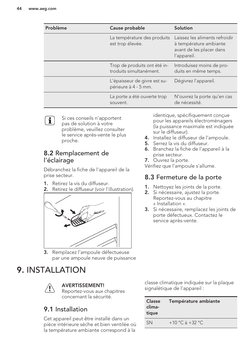 2 remplacement de l'éclairage, 3 fermeture de la porte, Installation | 1 installation | AEG S41600TSW2 User Manual | Page 44 / 68