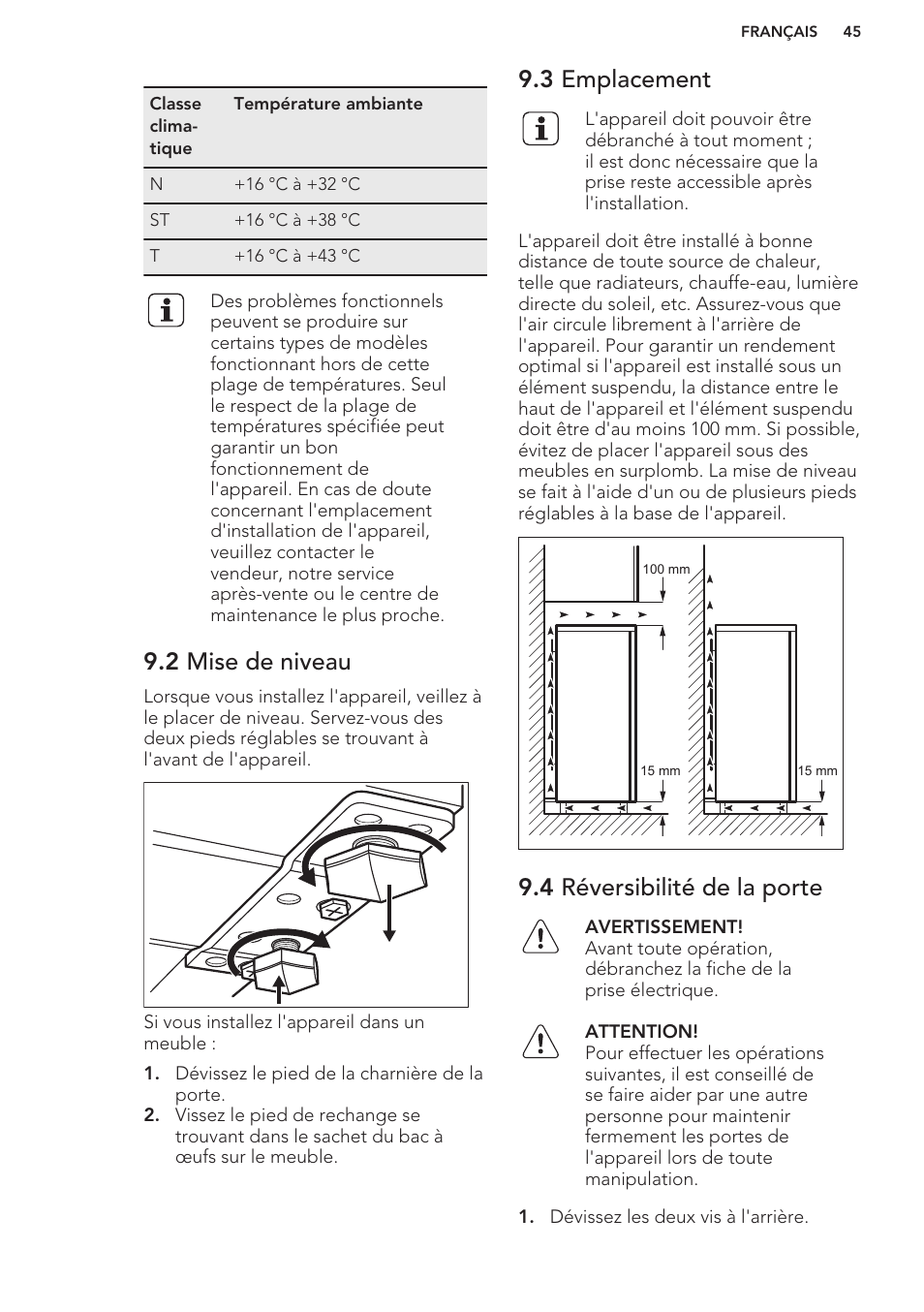 2 mise de niveau, 3 emplacement, 4 réversibilité de la porte | AEG S41600TSW2 User Manual | Page 45 / 68