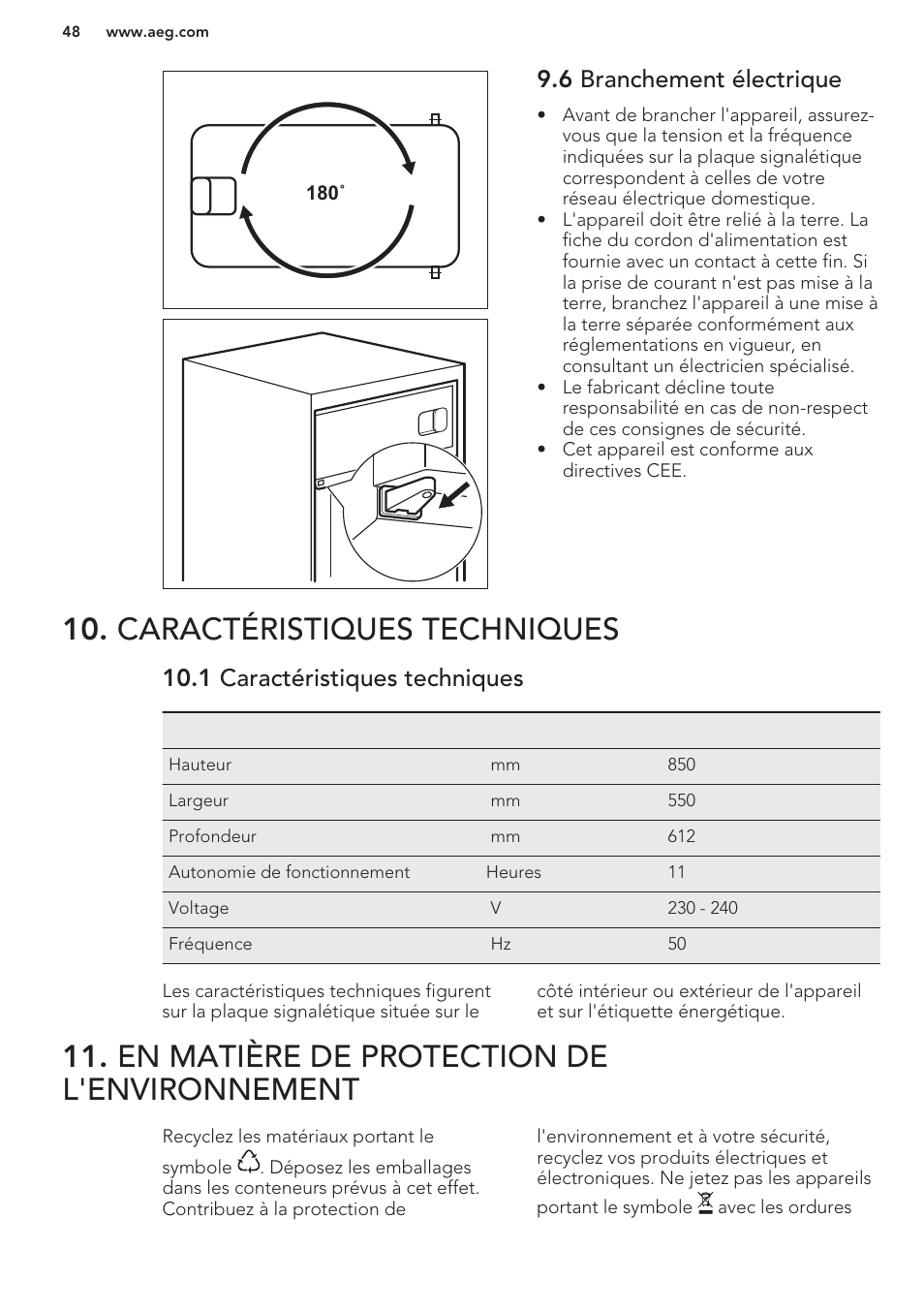 6 branchement électrique, Caractéristiques techniques, 1 caractéristiques techniques | En matière de protection de l'environnement | AEG S41600TSW2 User Manual | Page 48 / 68
