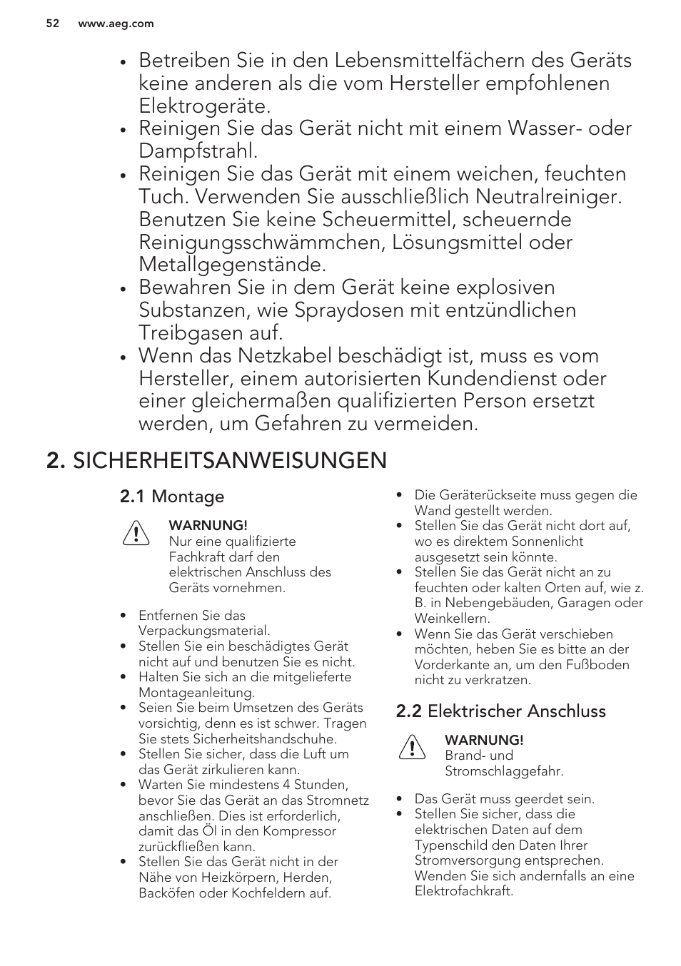 Sicherheitsanweisungen, 1 montage, 2 elektrischer anschluss | AEG S41600TSW2 User Manual | Page 52 / 68