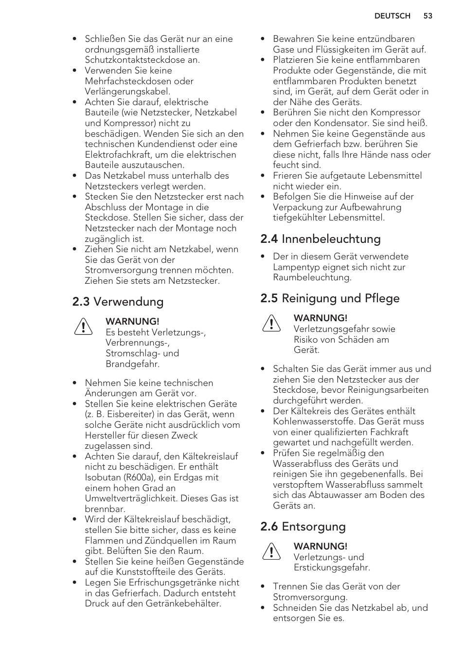 3 verwendung, 4 innenbeleuchtung, 5 reinigung und pflege | 6 entsorgung | AEG S41600TSW2 User Manual | Page 53 / 68