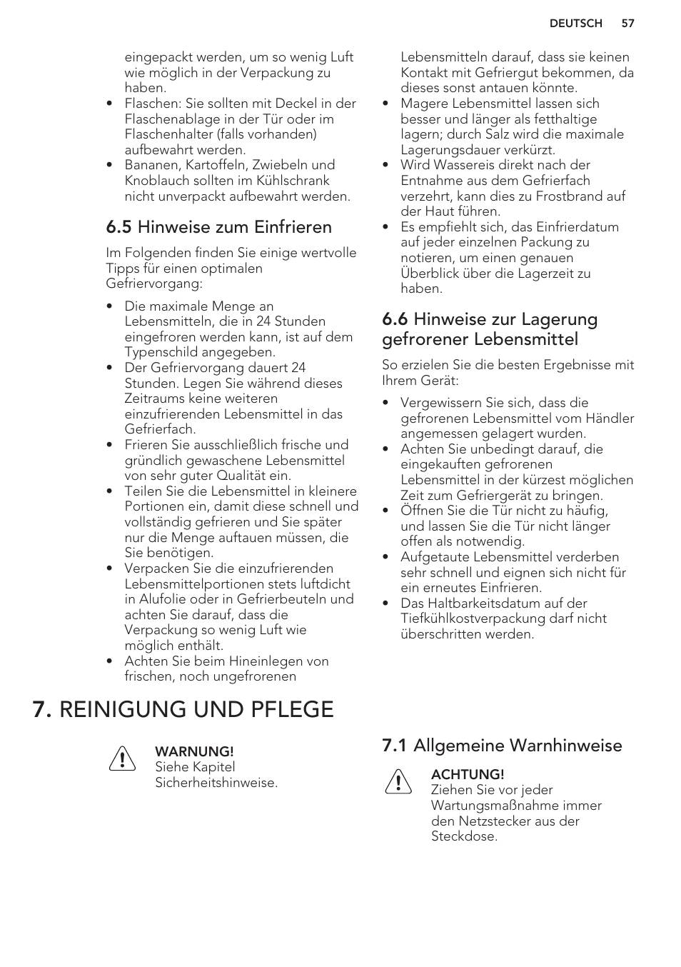 5 hinweise zum einfrieren, 6 hinweise zur lagerung gefrorener lebensmittel, Reinigung und pflege | 1 allgemeine warnhinweise | AEG S41600TSW2 User Manual | Page 57 / 68