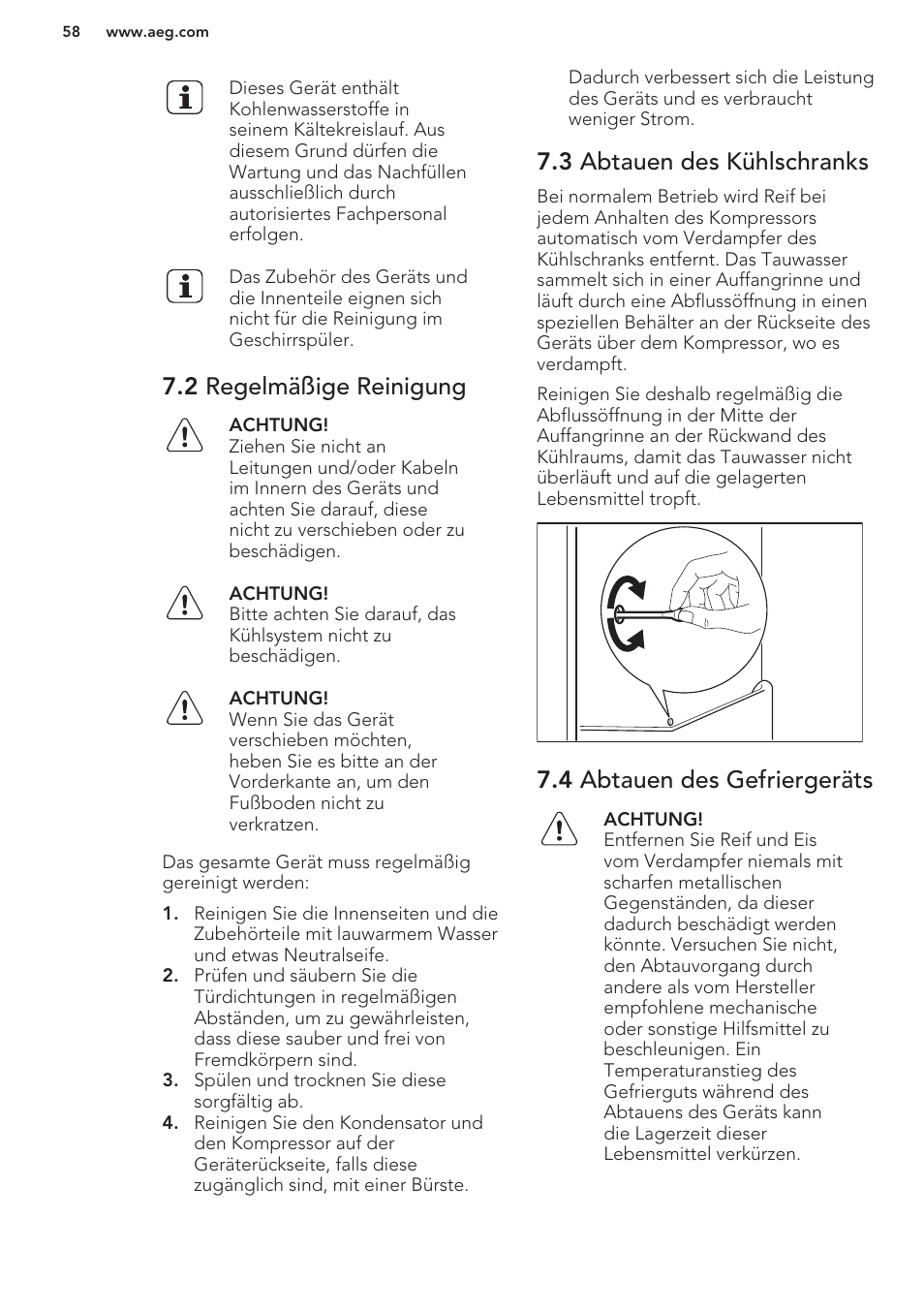 2 regelmäßige reinigung, 3 abtauen des kühlschranks, 4 abtauen des gefriergeräts | AEG S41600TSW2 User Manual | Page 58 / 68