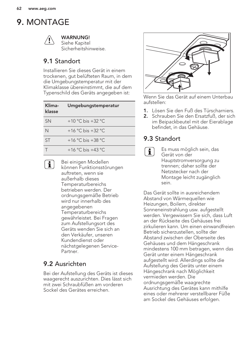 Montage, 1 standort, 2 ausrichten | 3 standort | AEG S41600TSW2 User Manual | Page 62 / 68