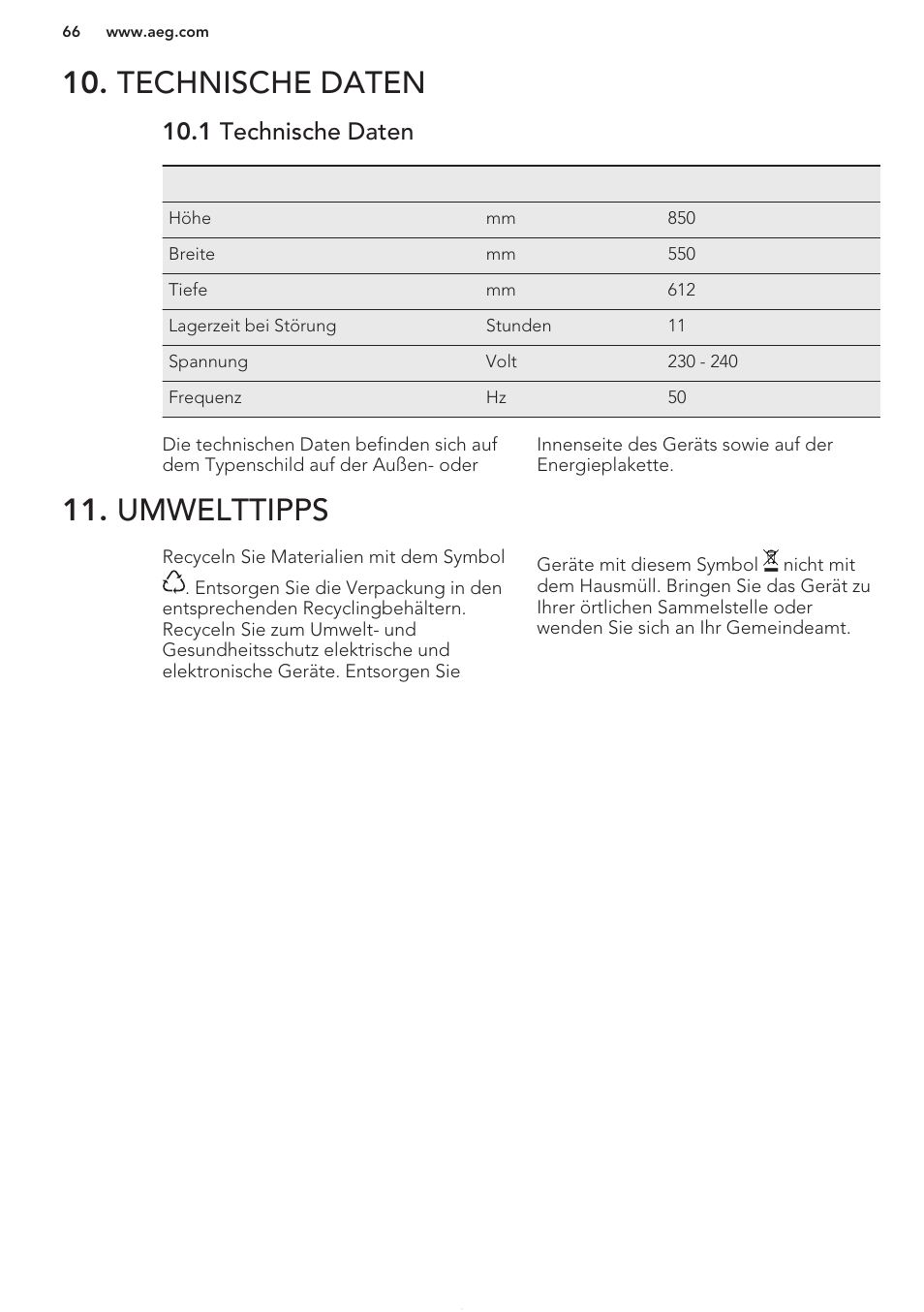 Technische daten, 1 technische daten, Umwelttipps | AEG S41600TSW2 User Manual | Page 66 / 68