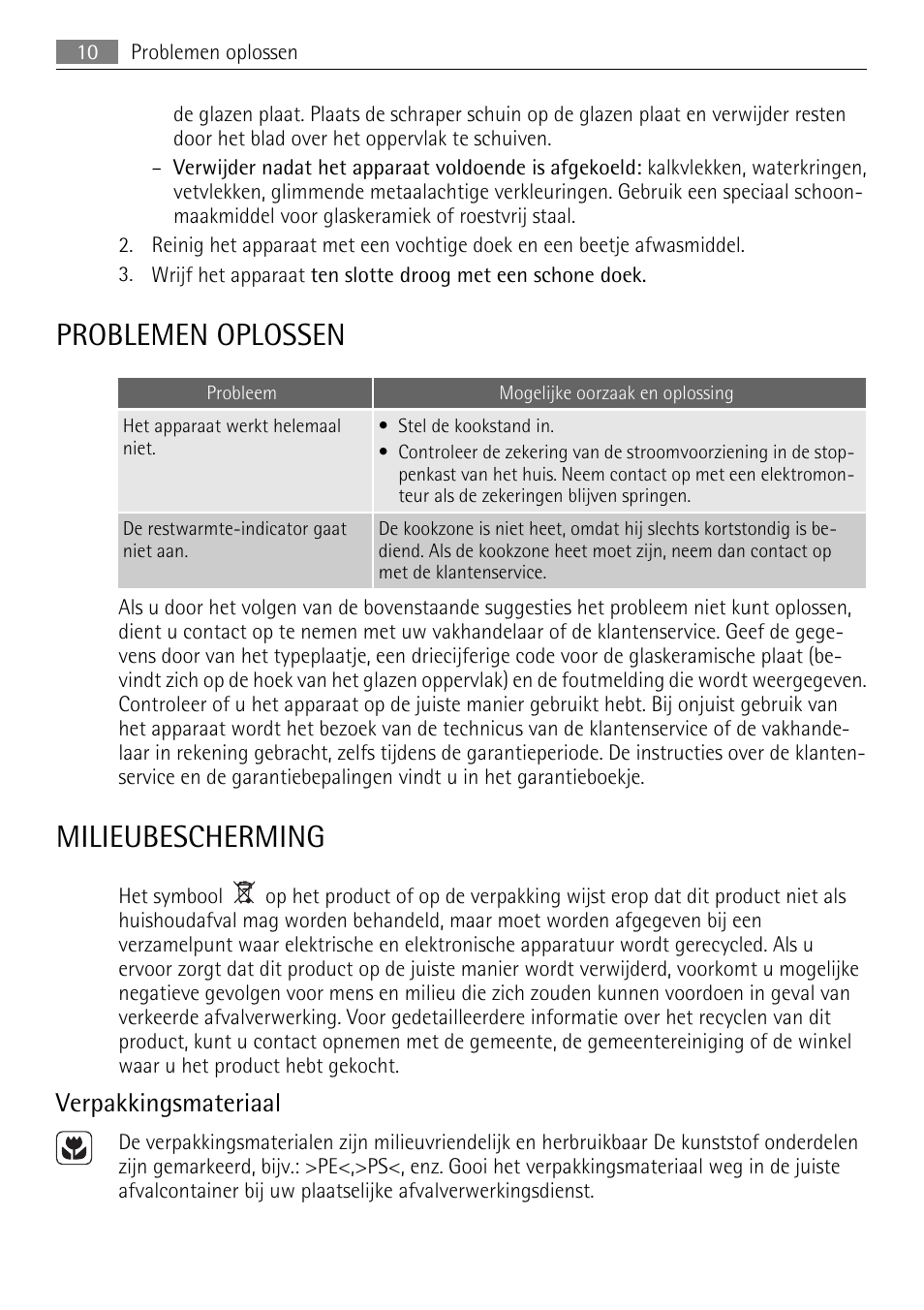 Problemen oplossen, Milieubescherming, Verpakkingsmateriaal | AEG HK312000MB User Manual | Page 10 / 52