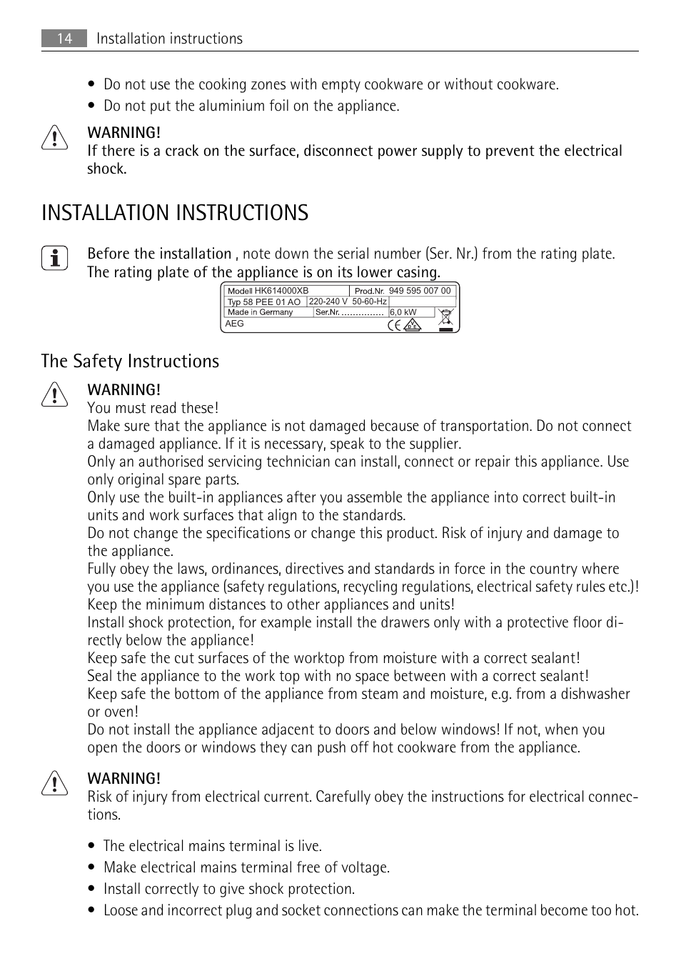 Installation instructions, The safety instructions | AEG HK312000MB User Manual | Page 14 / 52