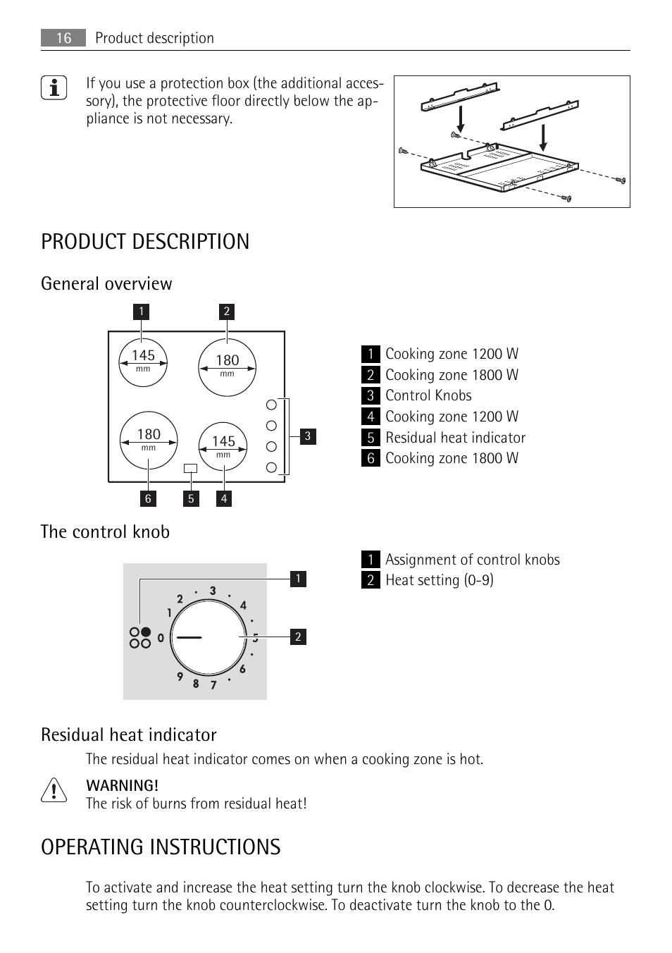 Product description, Operating instructions, General overview | The control knob, Residual heat indicator | AEG HK312000MB User Manual | Page 16 / 52