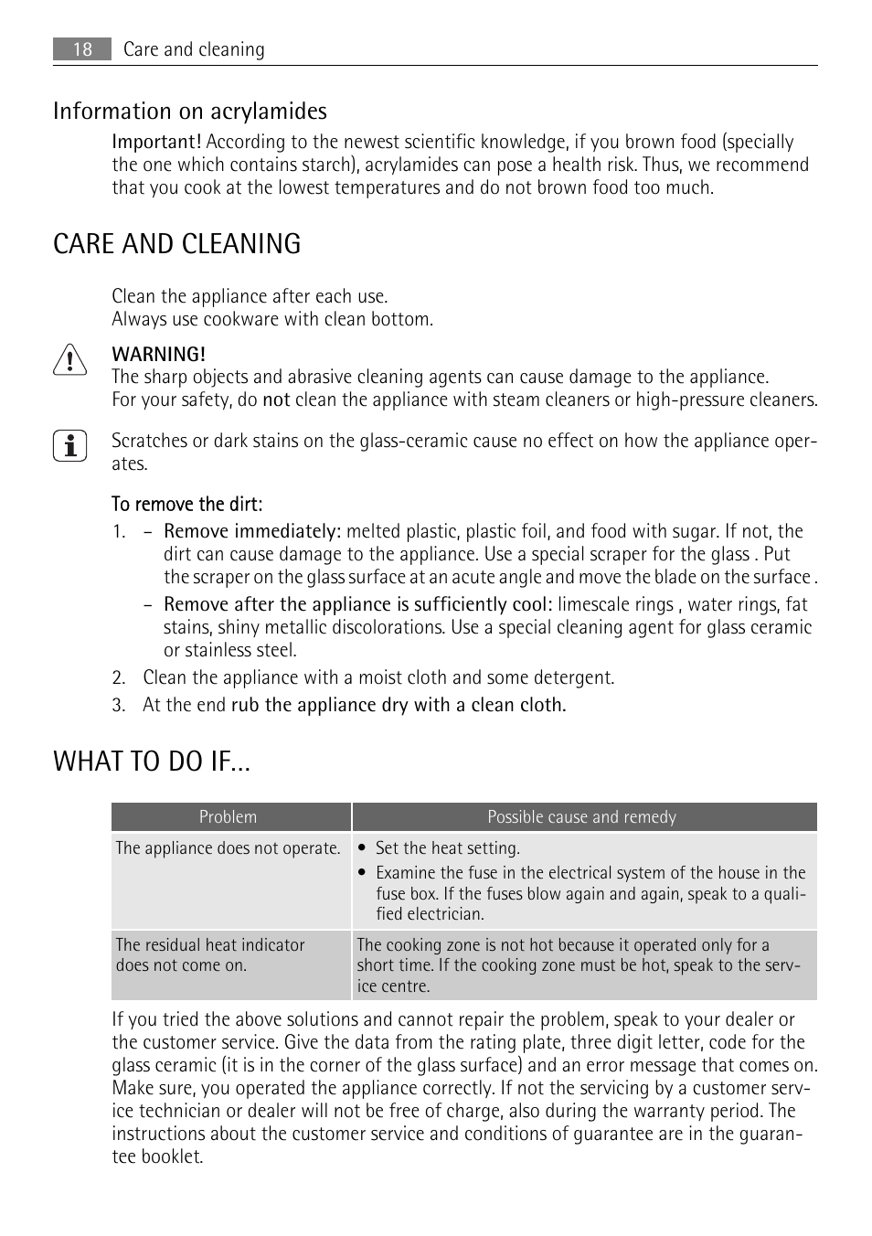 Care and cleaning, What to do if, Information on acrylamides | AEG HK312000MB User Manual | Page 18 / 52