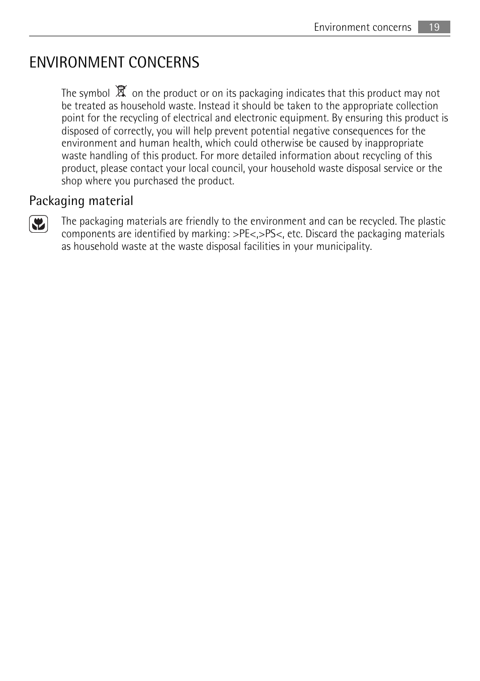 Environment concerns, Packaging material | AEG HK312000MB User Manual | Page 19 / 52
