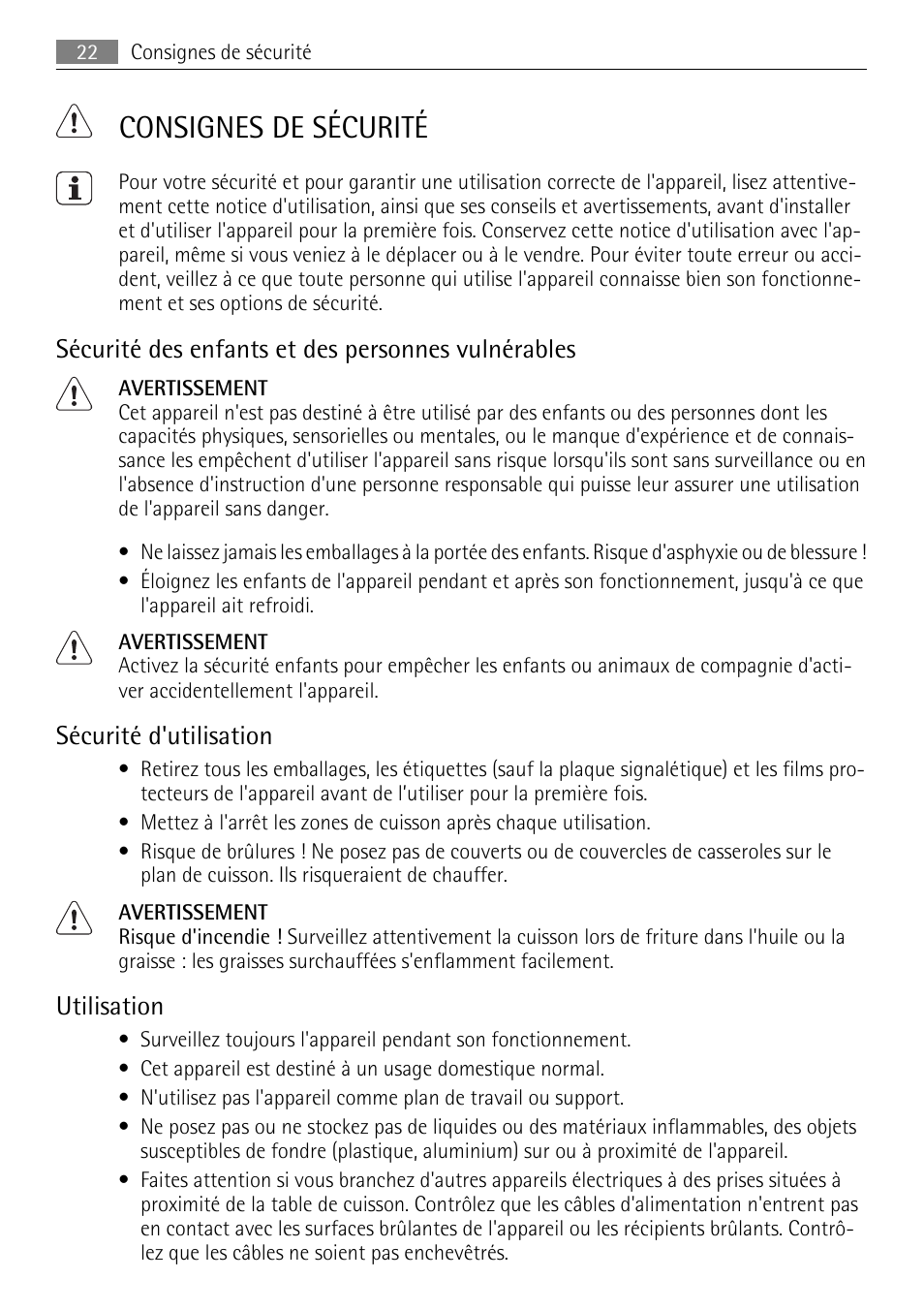 Consignes de sécurité, Sécurité des enfants et des personnes vulnérables, Sécurité d'utilisation | Utilisation | AEG HK312000MB User Manual | Page 22 / 52