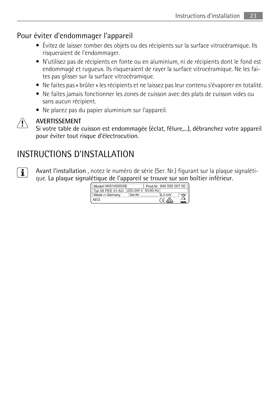 Instructions d'installation, Pour éviter d'endommager l'appareil | AEG HK312000MB User Manual | Page 23 / 52