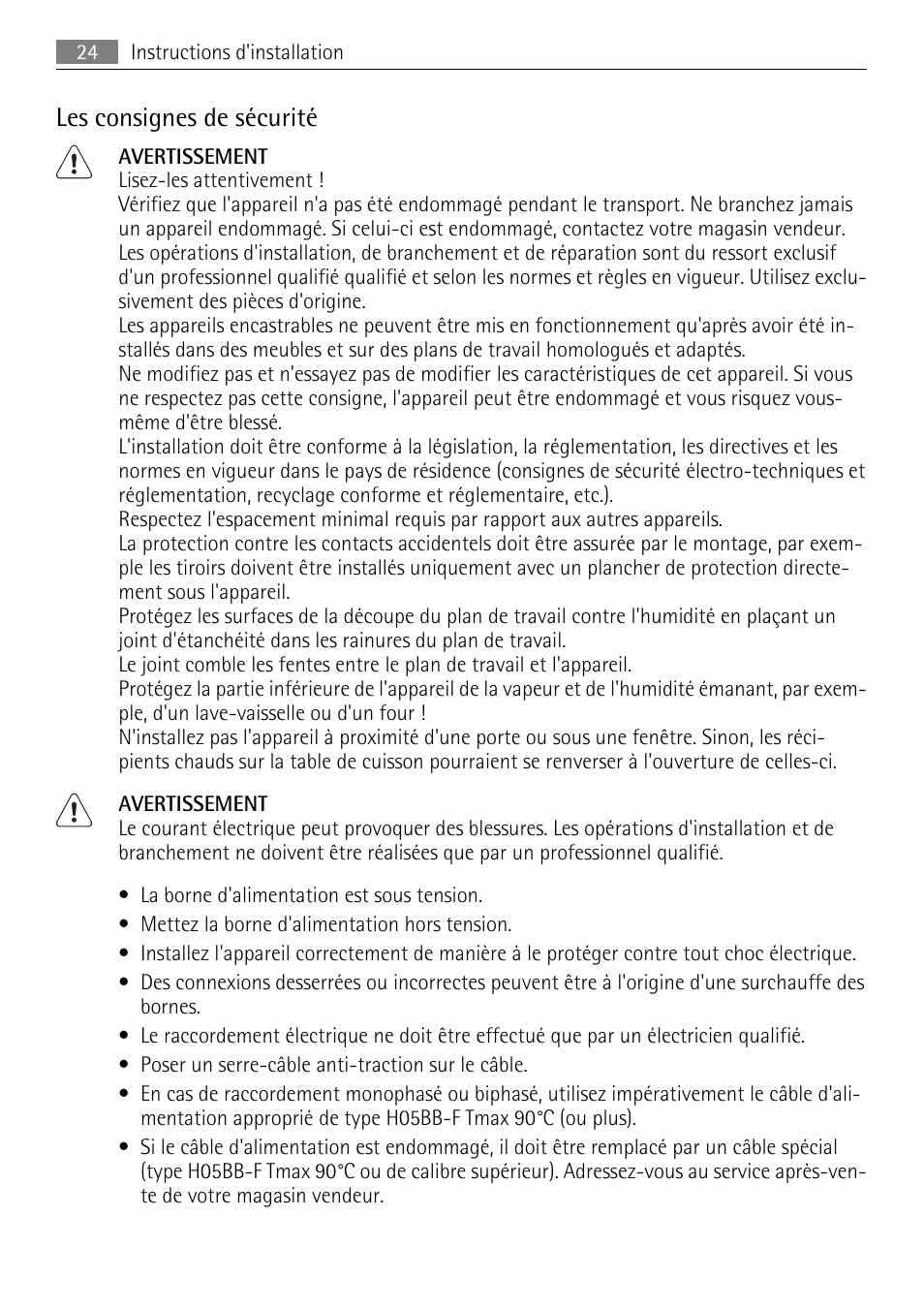 Les consignes de sécurité | AEG HK312000MB User Manual | Page 24 / 52