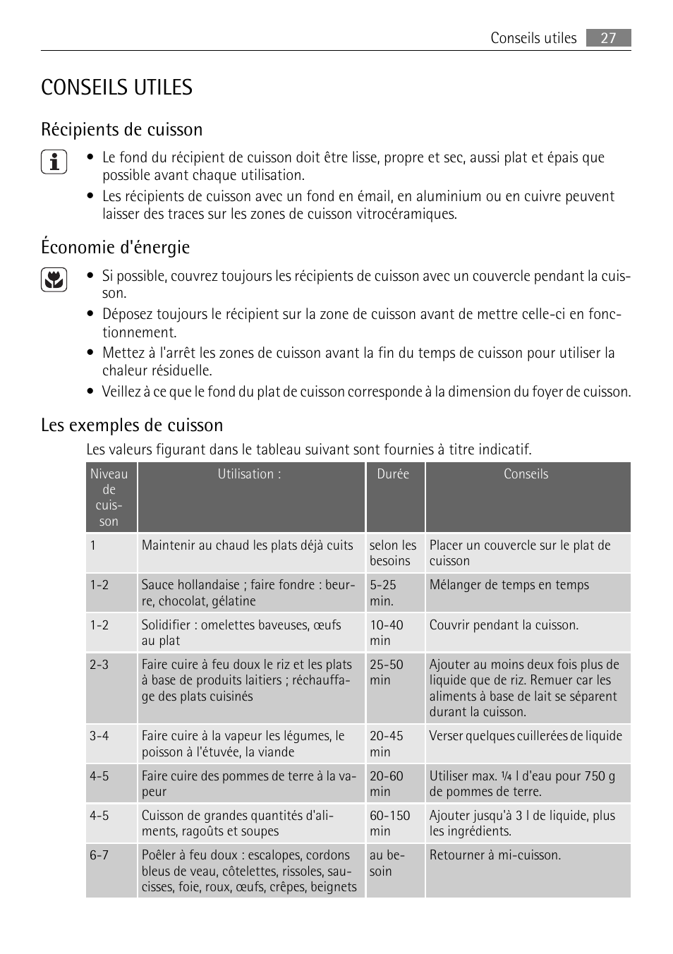 Conseils utiles, Récipients de cuisson, Économie d'énergie | Les exemples de cuisson | AEG HK312000MB User Manual | Page 27 / 52